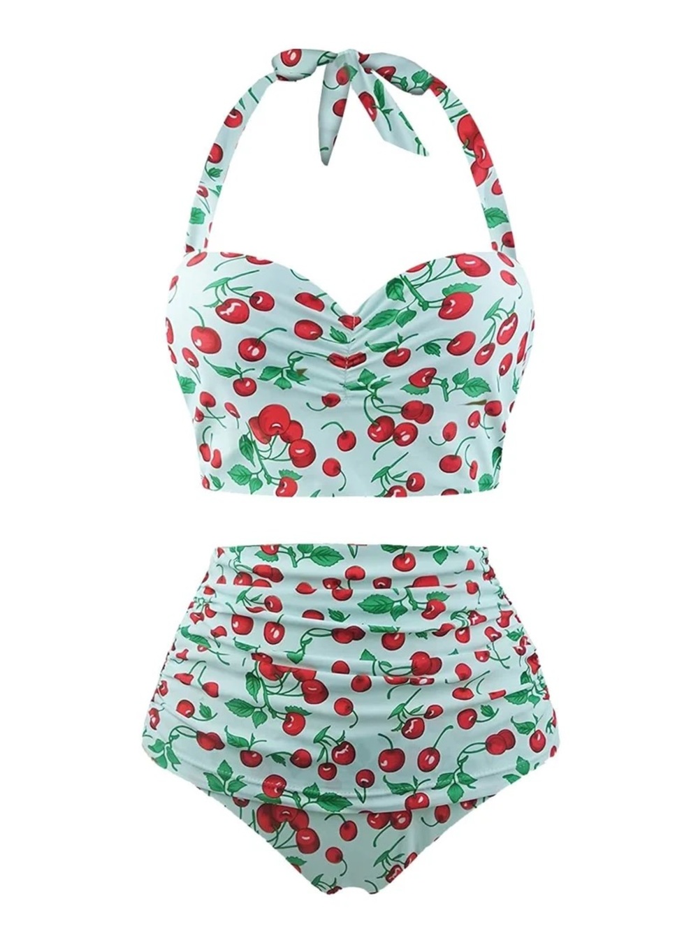 NWT  Retro Stage Aqua/Cherries Bikini Swimsuit, Halter and High-waisted, Size M